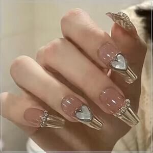 Bling Brown Gold Press On Nails 25 Pc Heart Charm Rhinestones Coffin Medium